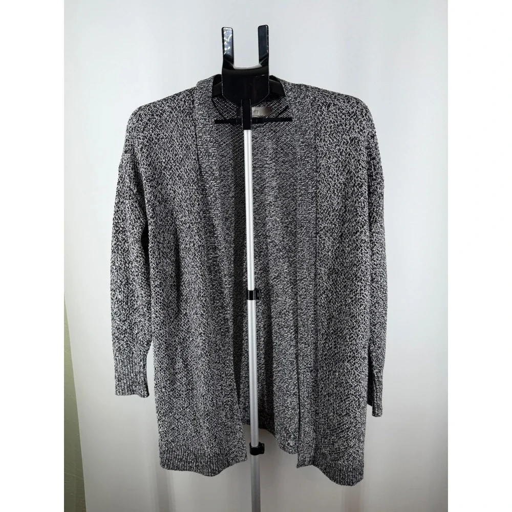 Loft Womens Medium Marled Black White Open Front Longline Cardigan Sweater M